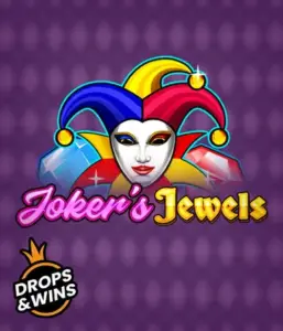 Experience the playful charm of Joker's Jewels slot by Pragmatic Play, showcasing a captivating joker's mask decorated with a multicolored jester hat. This image captures the light-hearted fun of casino gaming, set against a deep purple background. Great for casino game enthusiasts, promising a thrilling gaming experience. 